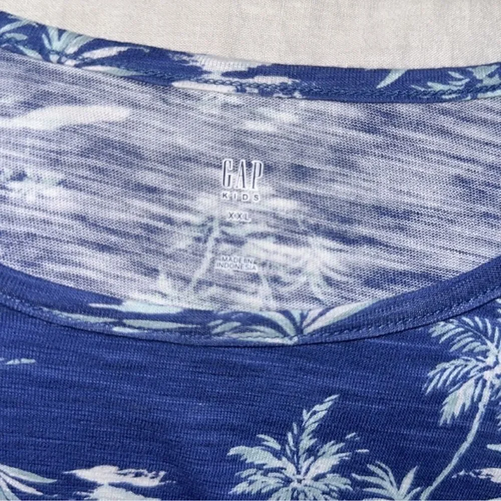 GAP XXL Blue White Teal Tropical Beach Print Short Sleeve Crew Cotton Tee